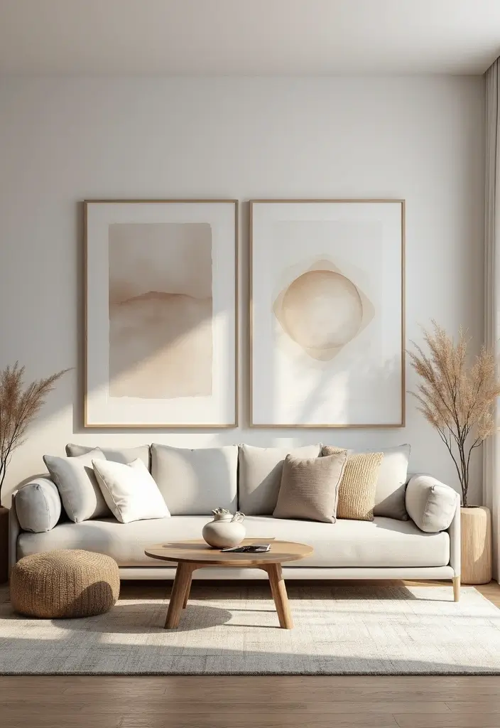 27 Gray and Tan Living Room Ideas That Feel Balanced and Neutral - 6. Gray and Tan Wall Art Display