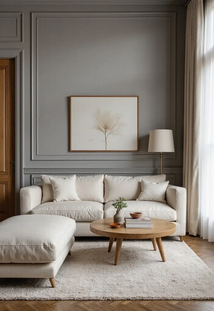 27 Gray and Tan Living Room Ideas That Feel Balanced and Neutral - 8. Textured Gray Walls with Tan Trim