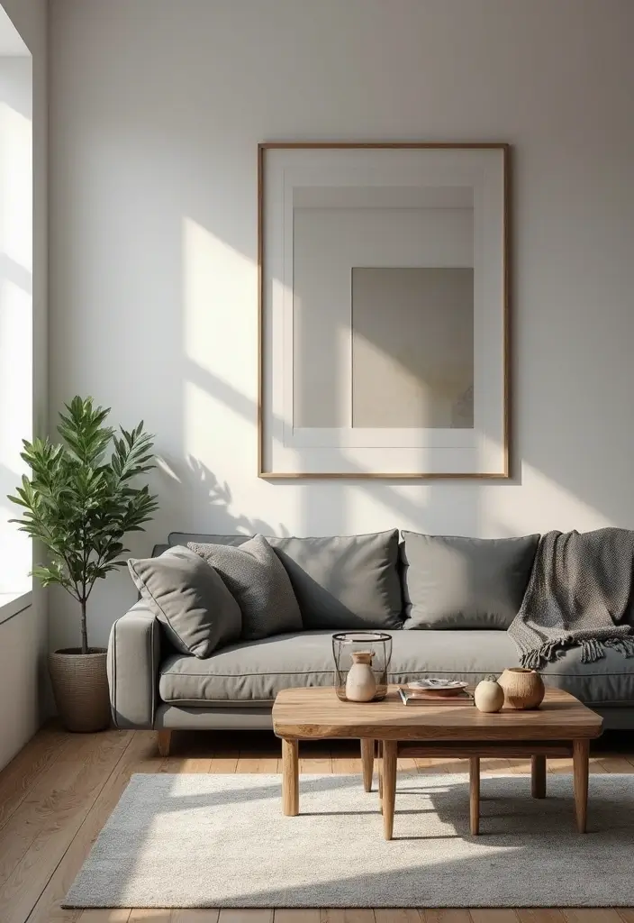 27 Gray and Wood Living Room Ideas That Feel Natural and Sleek - 1. Sleek Gray Sofa with Wooden Accents