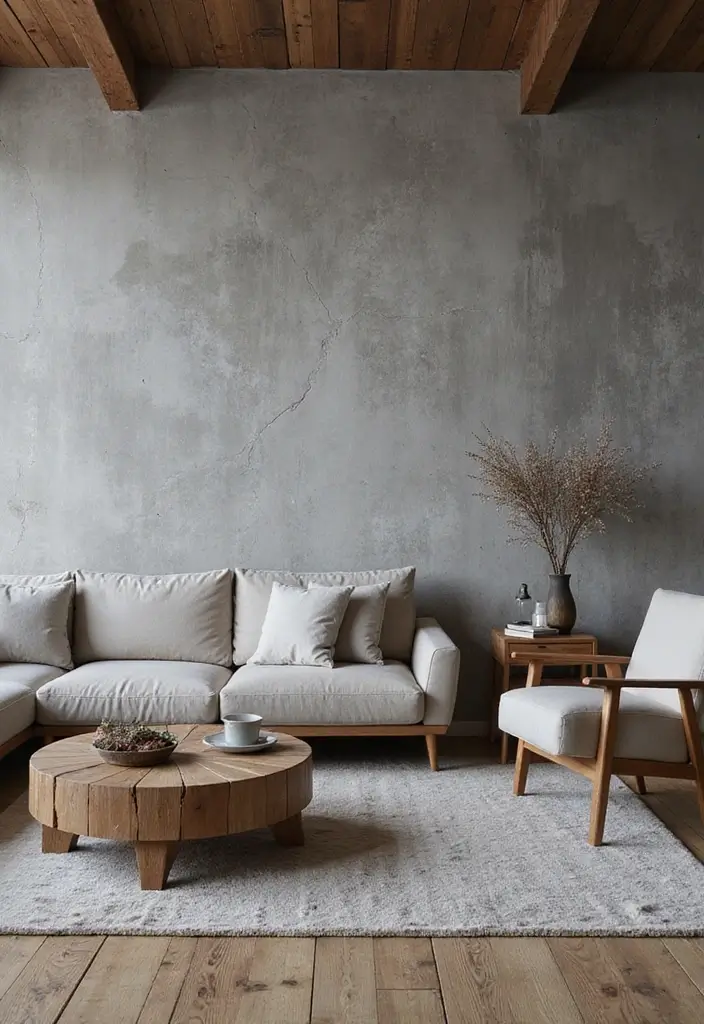27 Gray and Wood Living Room Ideas That Feel Natural and Sleek - 10. Textured Gray Walls with Wood Furniture