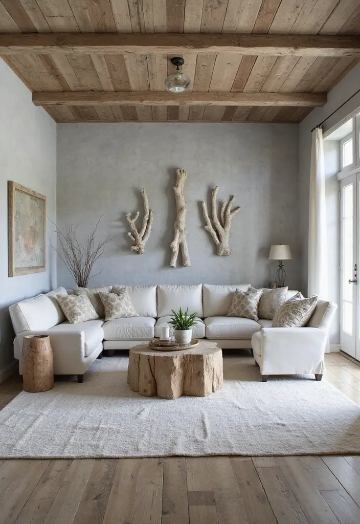 27 Gray and Wood Living Room Ideas That Feel Natural and Sleek - 12. Rustic Gray with Driftwood Elements