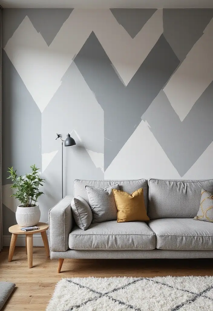 27 Gray and Wood Living Room Ideas That Feel Natural and Sleek - 14. Geometric Gray Patterns with Wood Accents