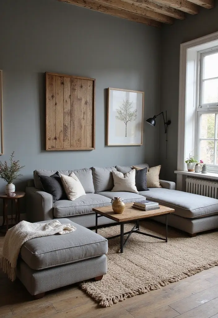 27 Gray and Wood Living Room Ideas That Feel Natural and Sleek - 15. Vintage Gray and Wood Vibe