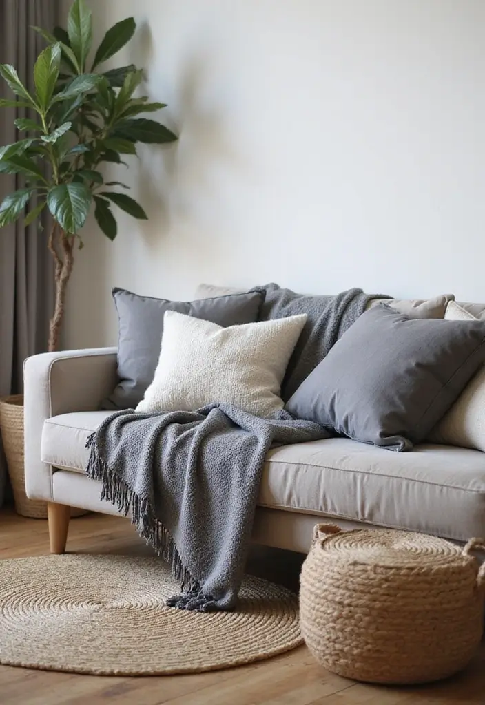 27 Gray and Wood Living Room Ideas That Feel Natural and Sleek - 16. Cozy Gray Throws and Wood Decor