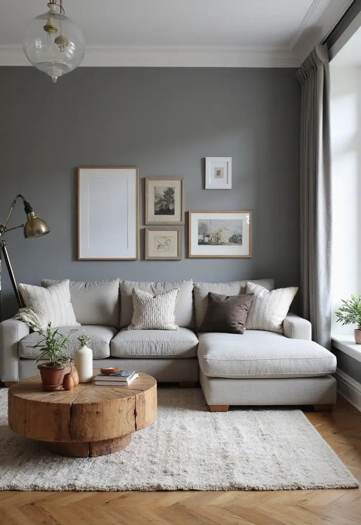 27 Gray and Wood Living Room Ideas That Feel Natural and Sleek - 17. Gray Painted Furniture with Natural Wood