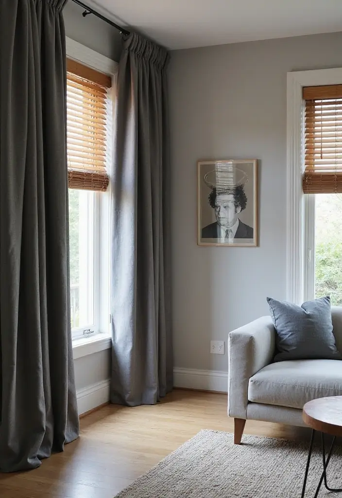 27 Gray and Wood Living Room Ideas That Feel Natural and Sleek - 18. Dramatic Gray Curtains with Wood Blinds