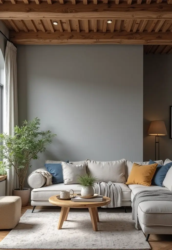 27 Gray and Wood Living Room Ideas That Feel Natural and Sleek - 2. Gray Accent Walls with Wood Beams