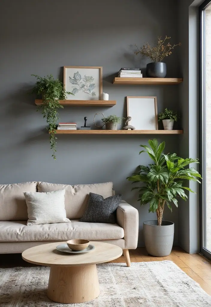 27 Gray and Wood Living Room Ideas That Feel Natural and Sleek - 22. Open Shelving in Gray and Wood