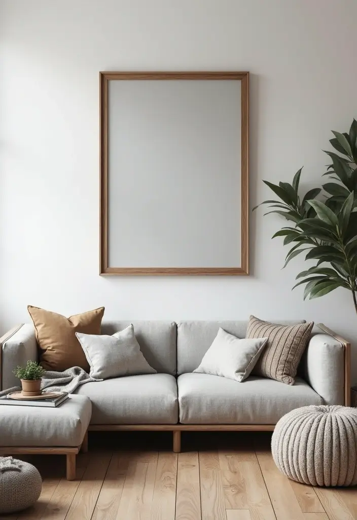 27 Gray and Wood Living Room Ideas That Feel Natural and Sleek - 23. Gray Wall Art with Wood Frames