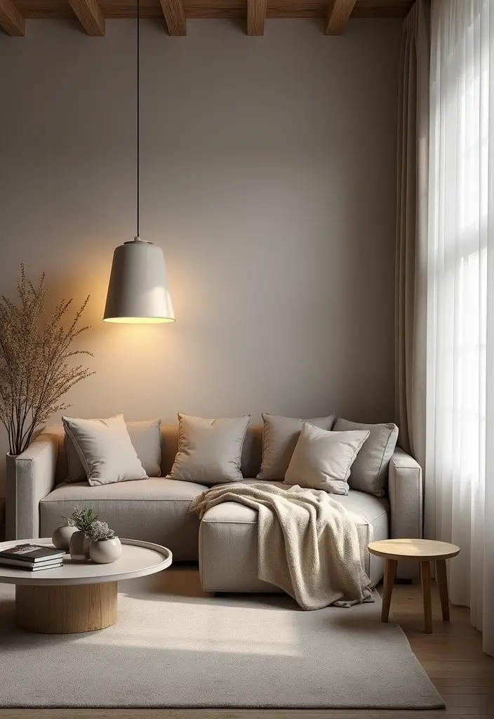 27 Gray and Wood Living Room Ideas That Feel Natural and Sleek - 24. Soft Gray Lighting Fixtures with Wood Details