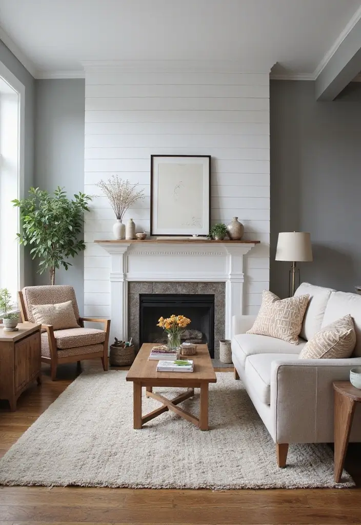27 Gray and Wood Living Room Ideas That Feel Natural and Sleek - 25. Gray Shiplap and Wood Combos