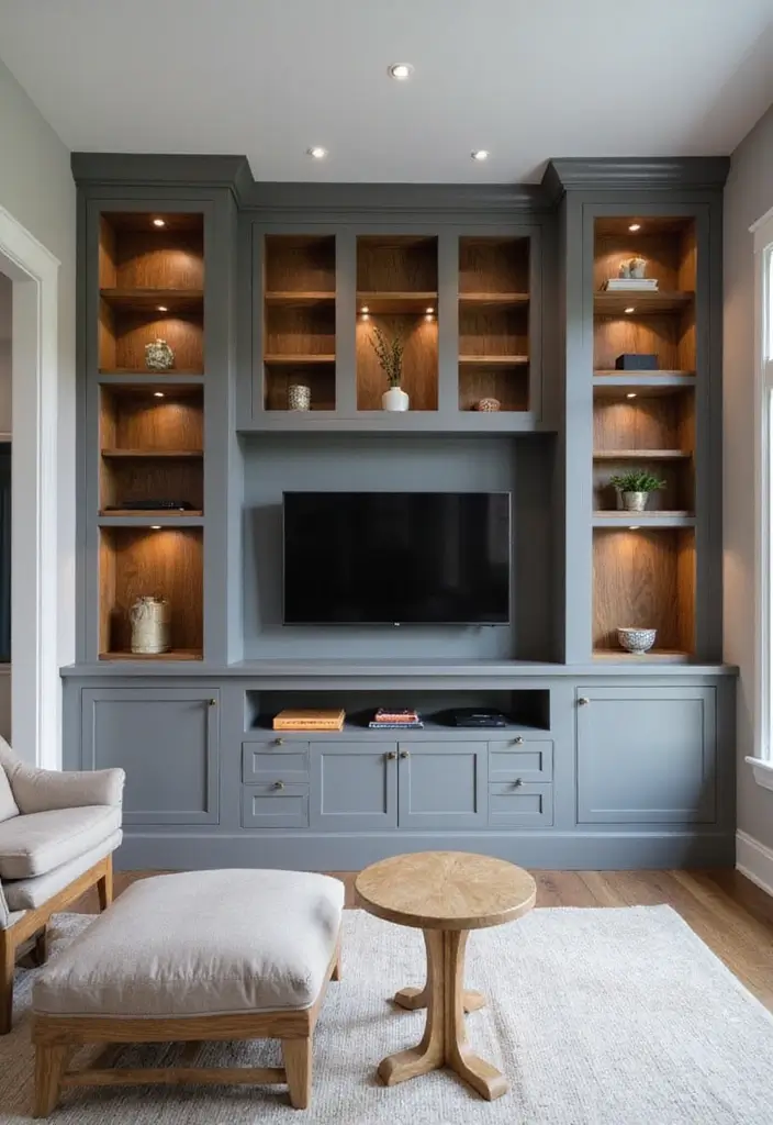 27 Gray and Wood Living Room Ideas That Feel Natural and Sleek - 26. Custom Gray and Wood Built-Ins
