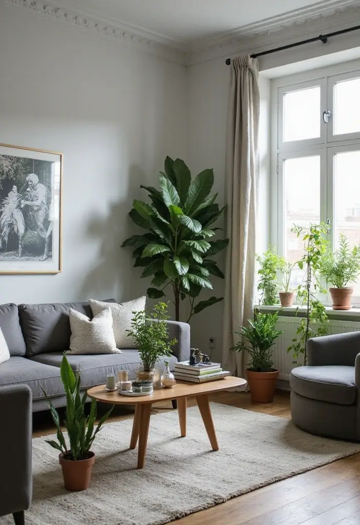 27 Gray and Wood Living Room Ideas That Feel Natural and Sleek - 5. Greenery and Natural Accents