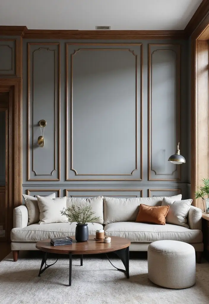 27 Gray and Wood Living Room Ideas That Feel Natural and Sleek - 9. Gray Panels with Wood Trim