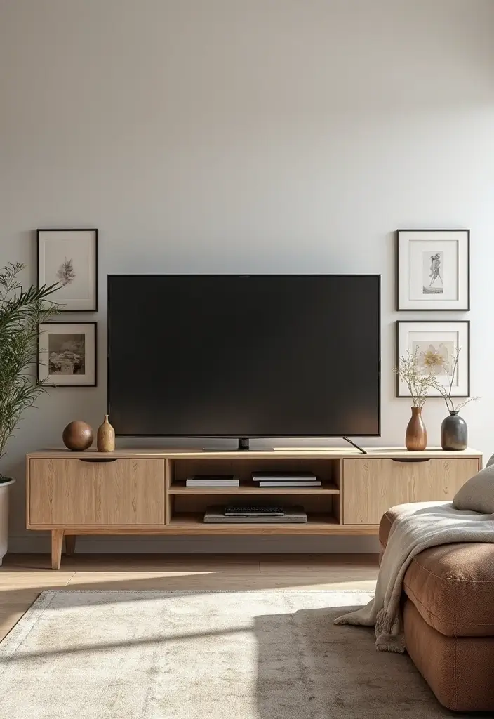 27 Large TV Stand Ideas for Living Room That Look Stylish and Functional - 12. Artful Display TV Stand