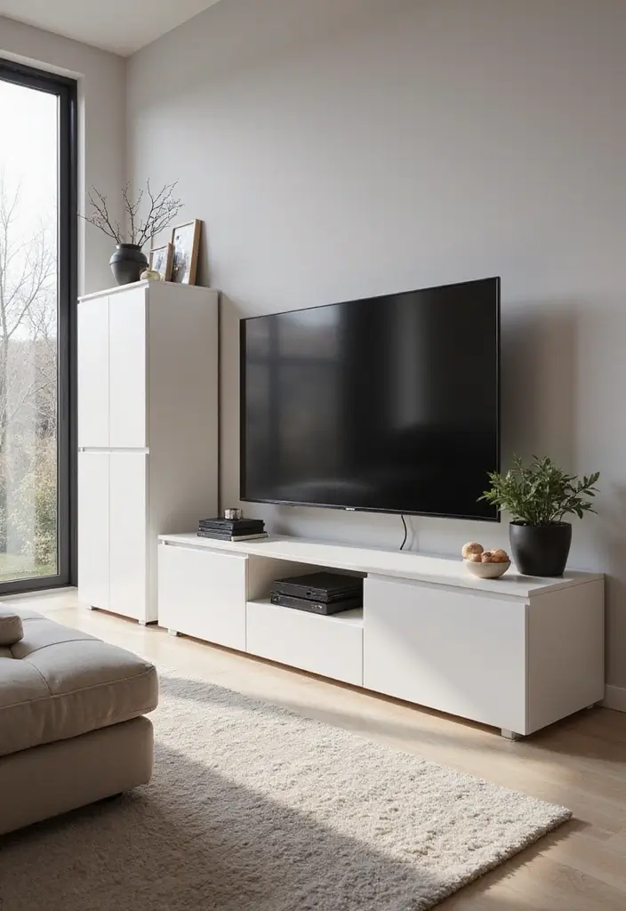 27 Large TV Stand Ideas for Living Room That Look Stylish and Functional - 14. Elegant White Lacquer Stand