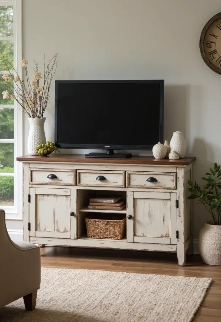 27 Large TV Stand Ideas for Living Room That Look Stylish and Functional - 15. Farmhouse Style TV Stand