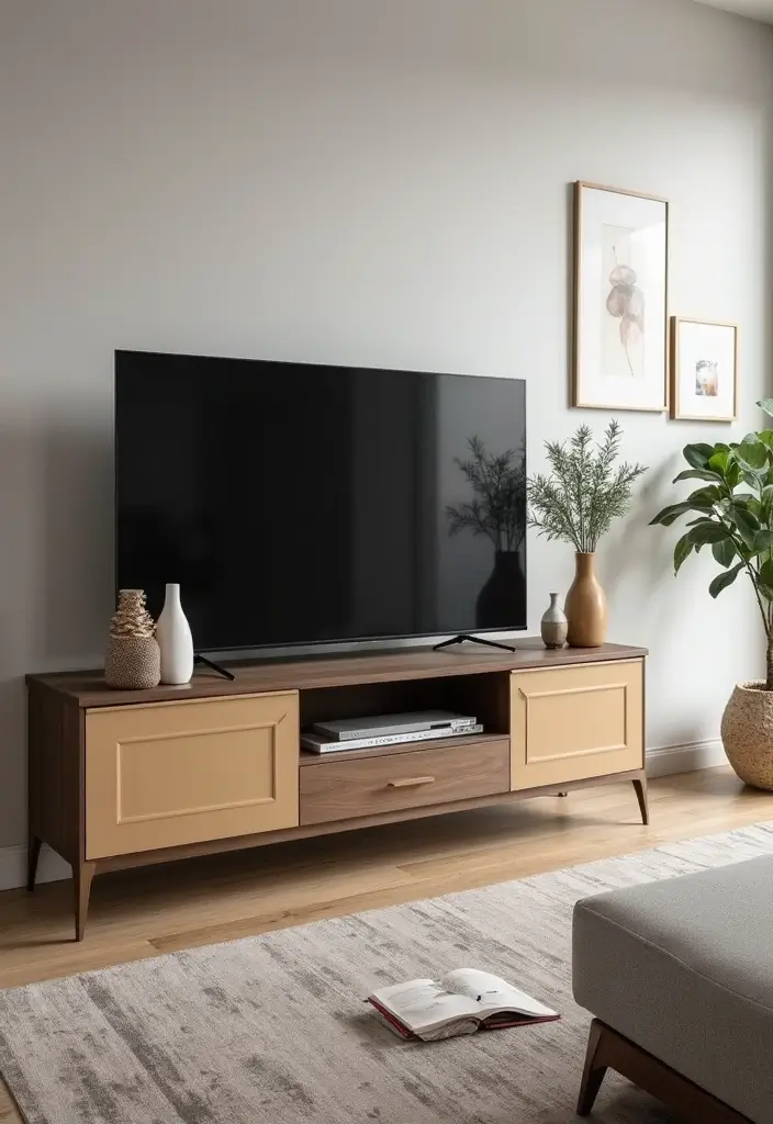 27 Large TV Stand Ideas for Living Room That Look Stylish and Functional - 16. Two-Tone TV Stand