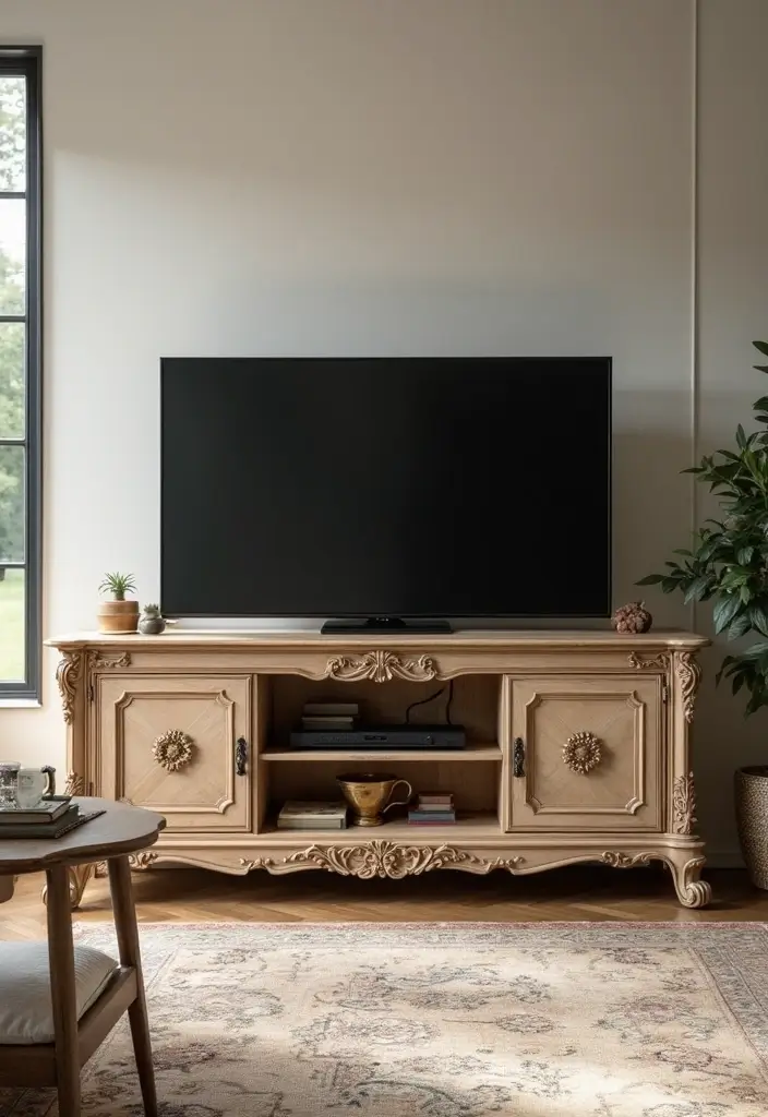 27 Large TV Stand Ideas for Living Room That Look Stylish and Functional - 19. Vintage Look with Modern Function