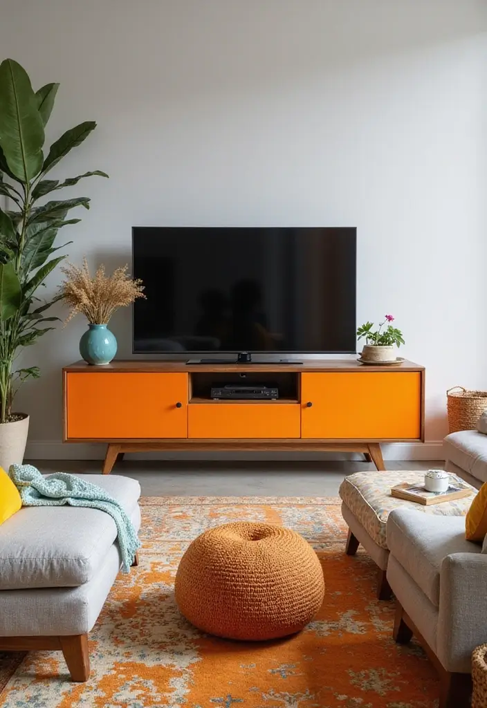 27 Large TV Stand Ideas for Living Room That Look Stylish and Functional - 2. Bold Color Pop
