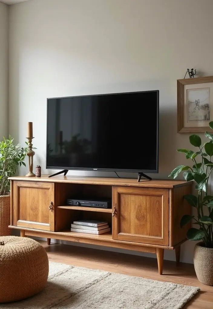 27 Large TV Stand Ideas for Living Room That Look Stylish and Functional - 22. Vintage Pieces with Modern Updates