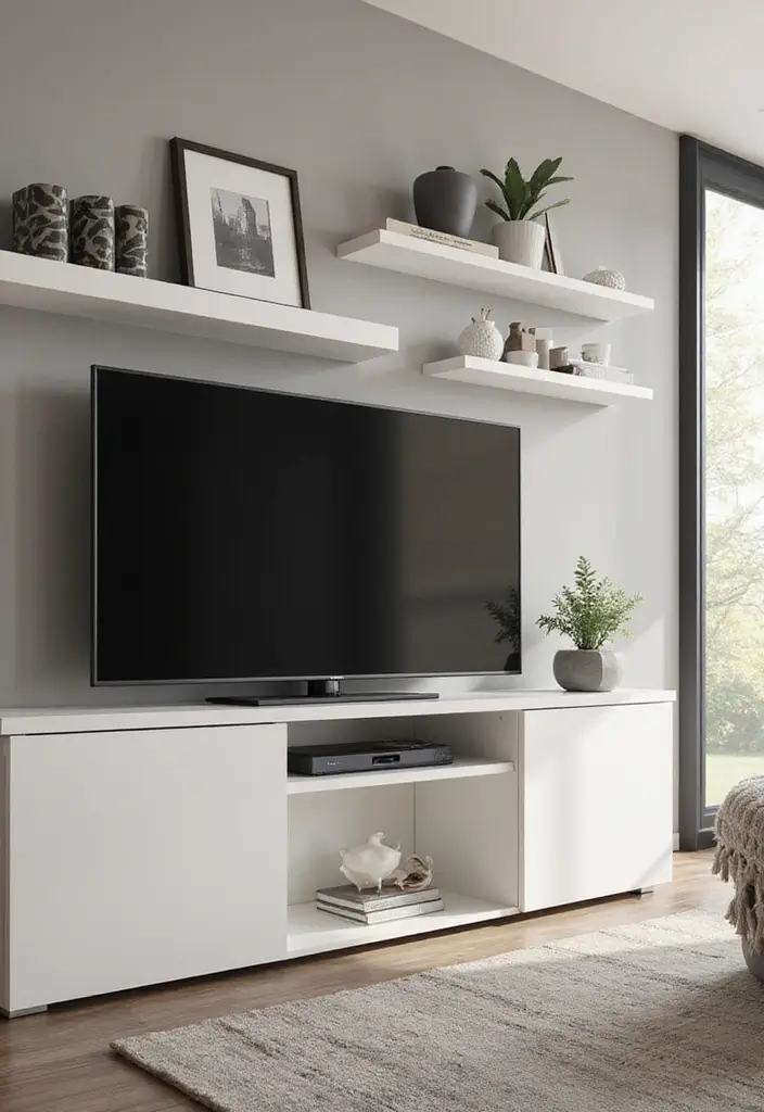 27 Large TV Stand Ideas for Living Room That Look Stylish and Functional - 24. Elegant Floating Shelves with a TV Stand