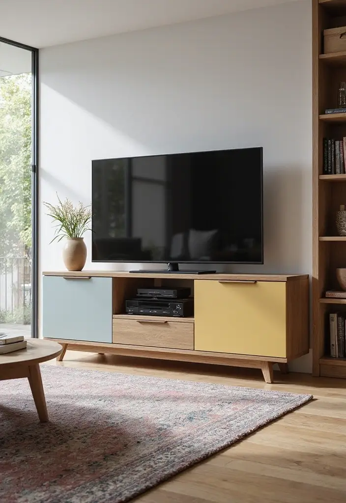 27 Large TV Stand Ideas for Living Room That Look Stylish and Functional - 25. Accent Colors on a Neutral Base