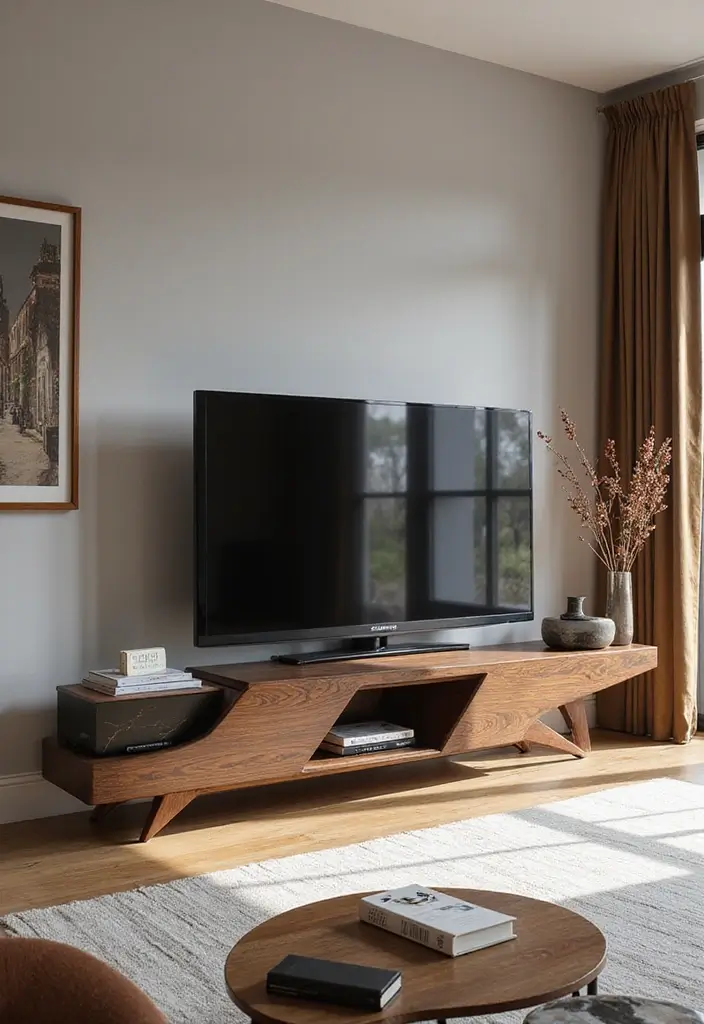 27 Large TV Stand Ideas for Living Room That Look Stylish and Functional - 27. Unique Shapes and Designs