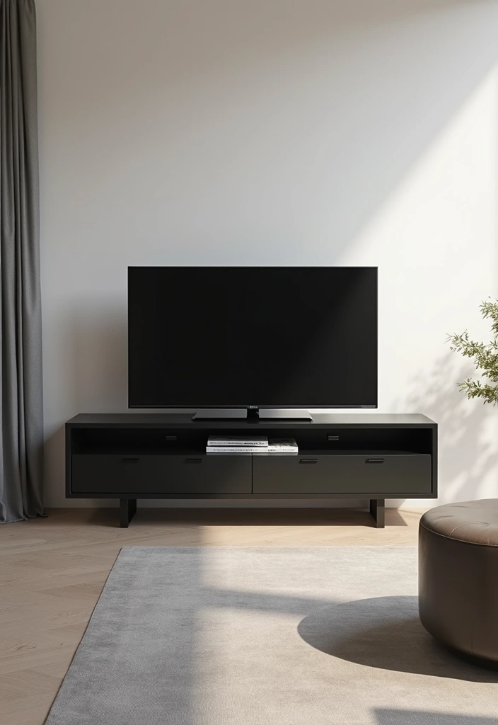 27 Large TV Stand Ideas for Living Room That Look Stylish and Functional - 3. Minimalist Black Stand