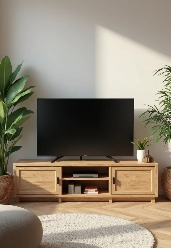 27 Large TV Stand Ideas for Living Room That Look Stylish and Functional - 7. Natural Wood Aesthetic