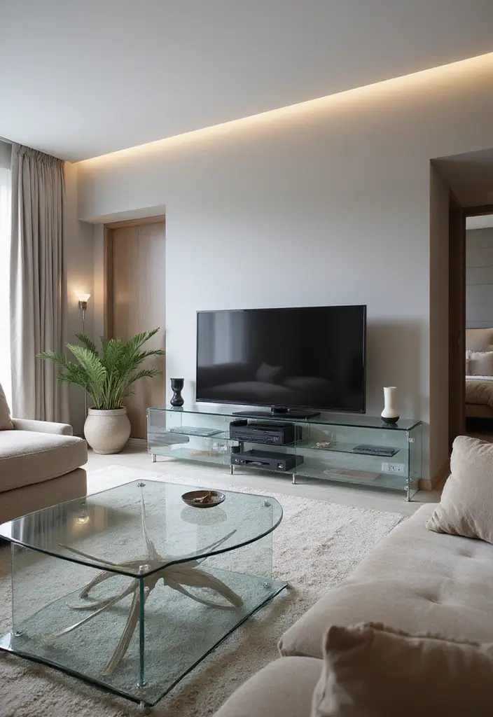27 Large TV Stand Ideas for Living Room That Look Stylish and Functional - 8. Sleek Glass Design