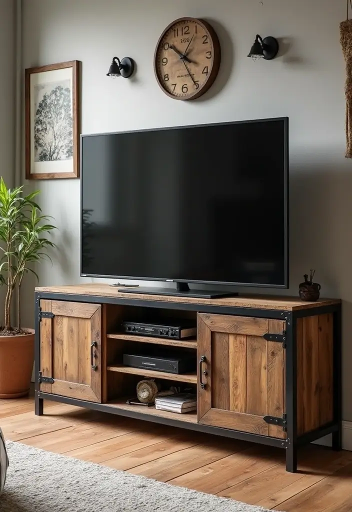 27 Large TV Stand Ideas for Living Room That Look Stylish and Functional - 9. Industrial Chic Vibes