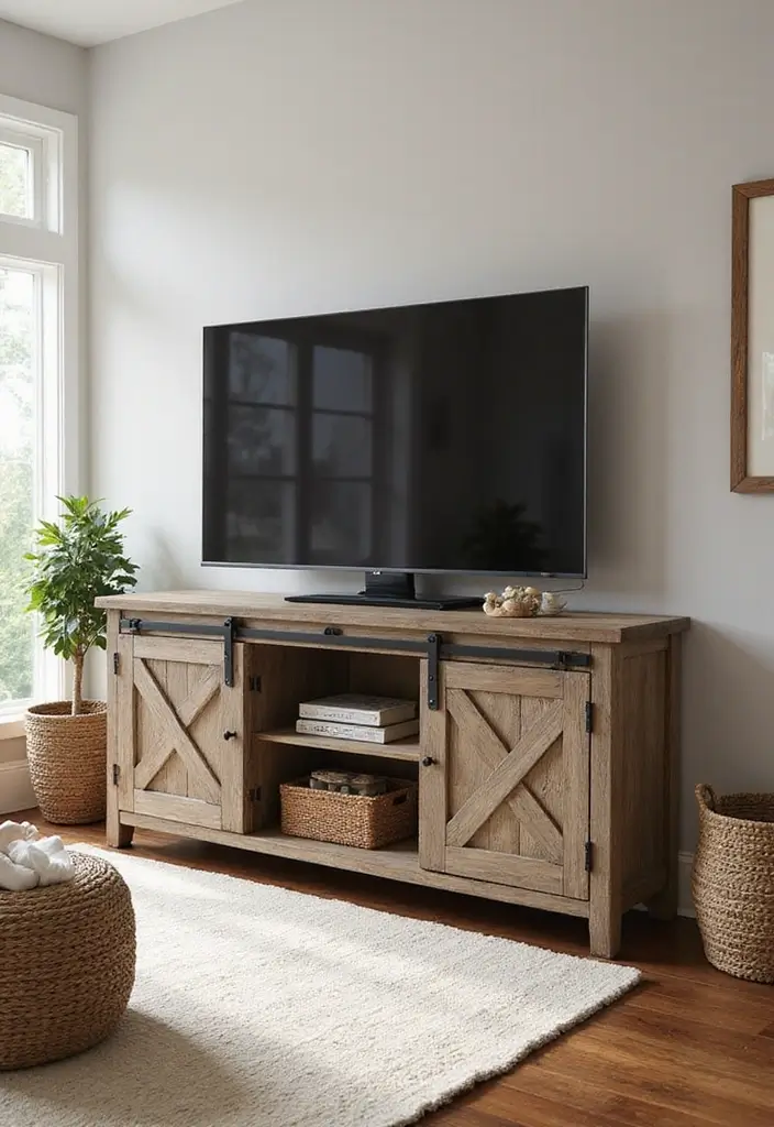 27 Living Room TV Cabinet Designs That Are Functional and Stylish - 13. Rustic Farmhouse Cabinets