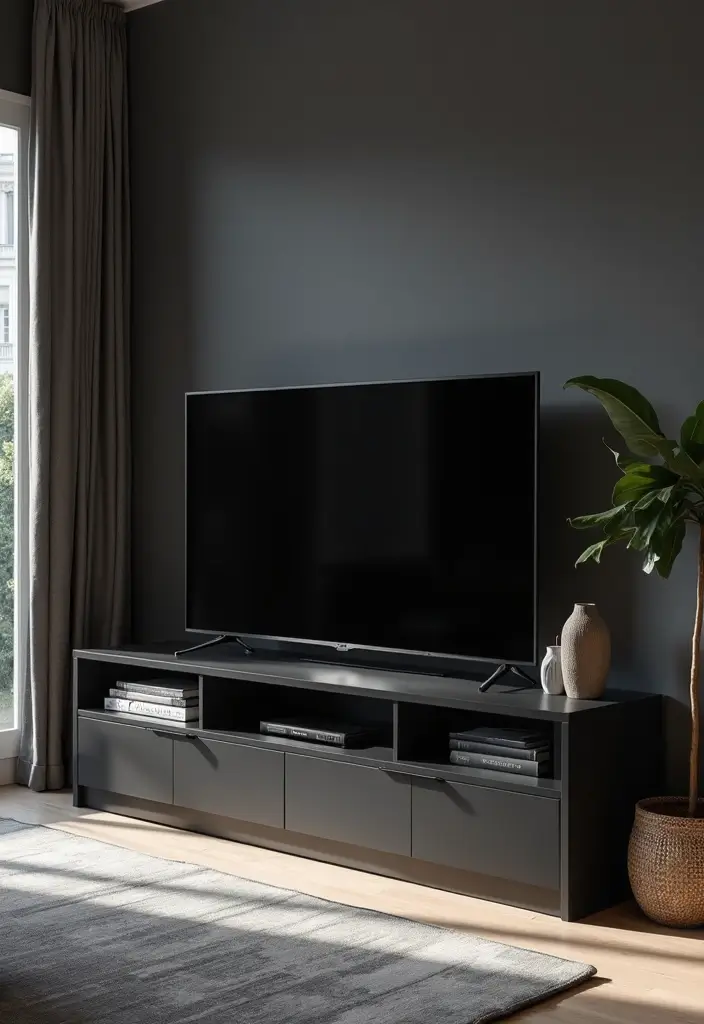 27 Living Room TV Cabinet Designs That Are Functional and Stylish - 27. Bold Monochrome