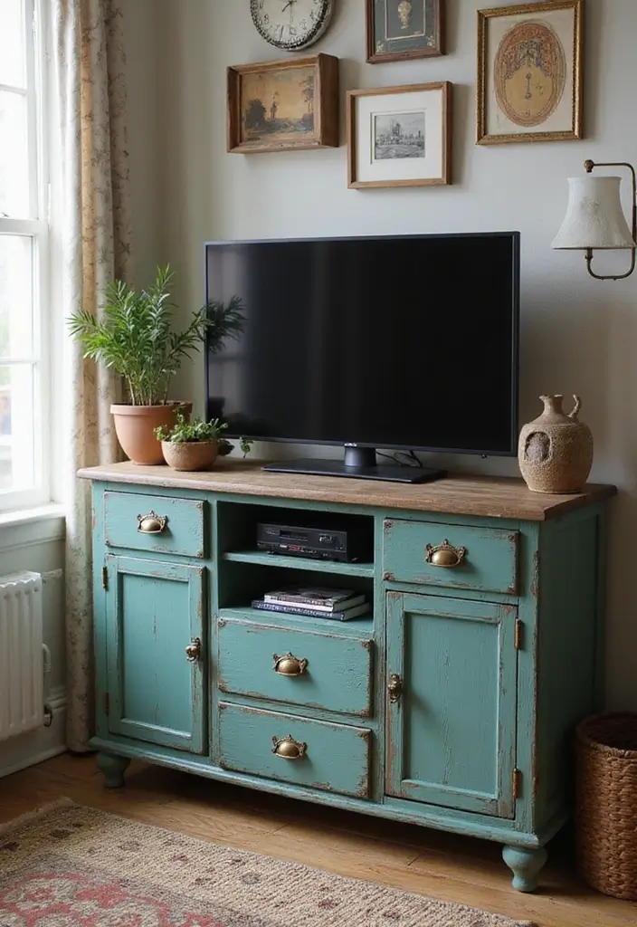27 Living Room TV Cabinet Designs That Are Functional and Stylish - 4. Vintage Accents