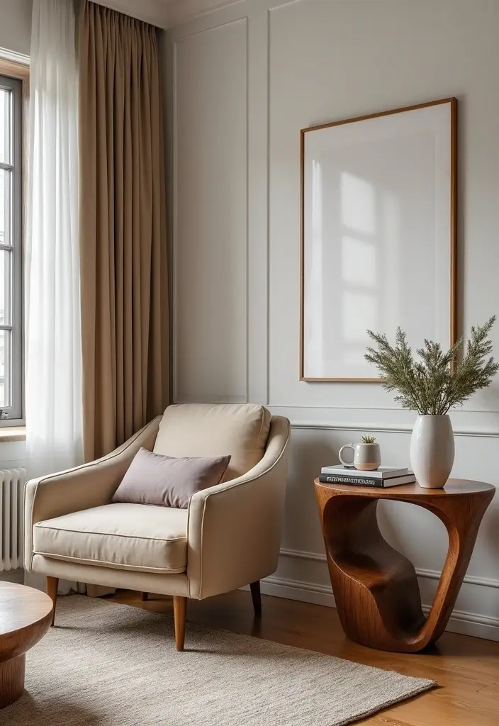 27 Living Rooms With Accent Chairs That Make a Statement - 25. Artistic Side Tables