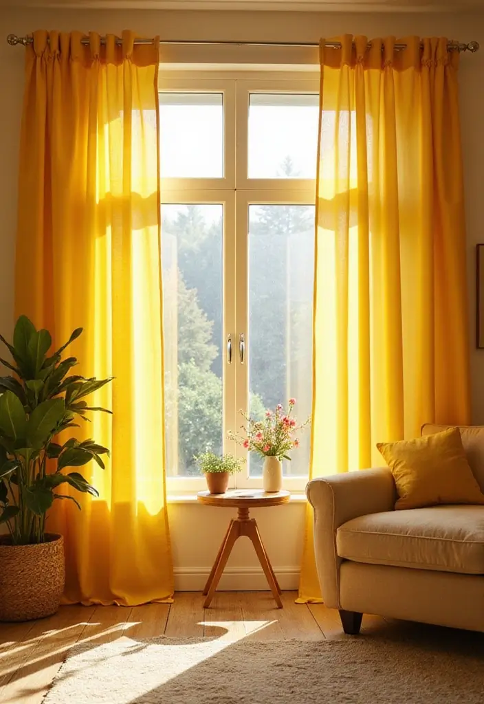 27 Living Rooms With Yellow Accents That Feel Bright and Cheerful - 10. Yellow Curtains for Sunshine