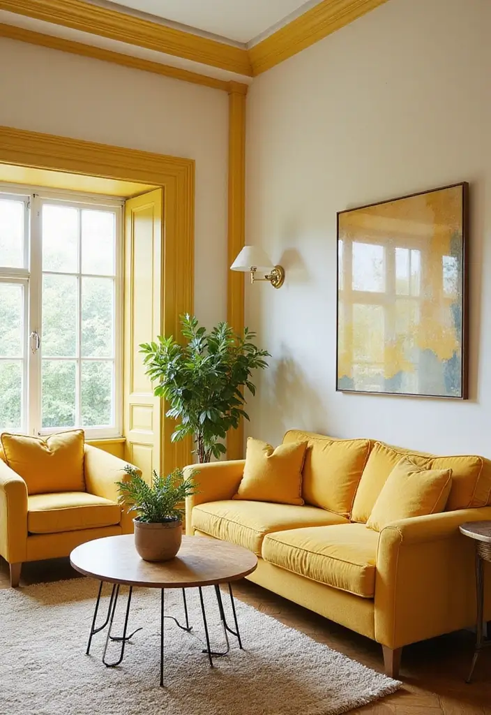 27 Living Rooms With Yellow Accents That Feel Bright and Cheerful - 12. Bright Yellow Trim Details