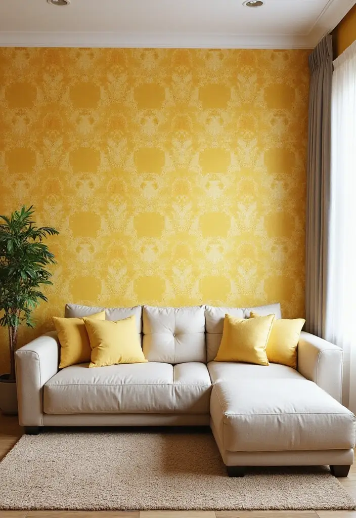 27 Living Rooms With Yellow Accents That Feel Bright and Cheerful - 13. Yellow Accent Wallpaper