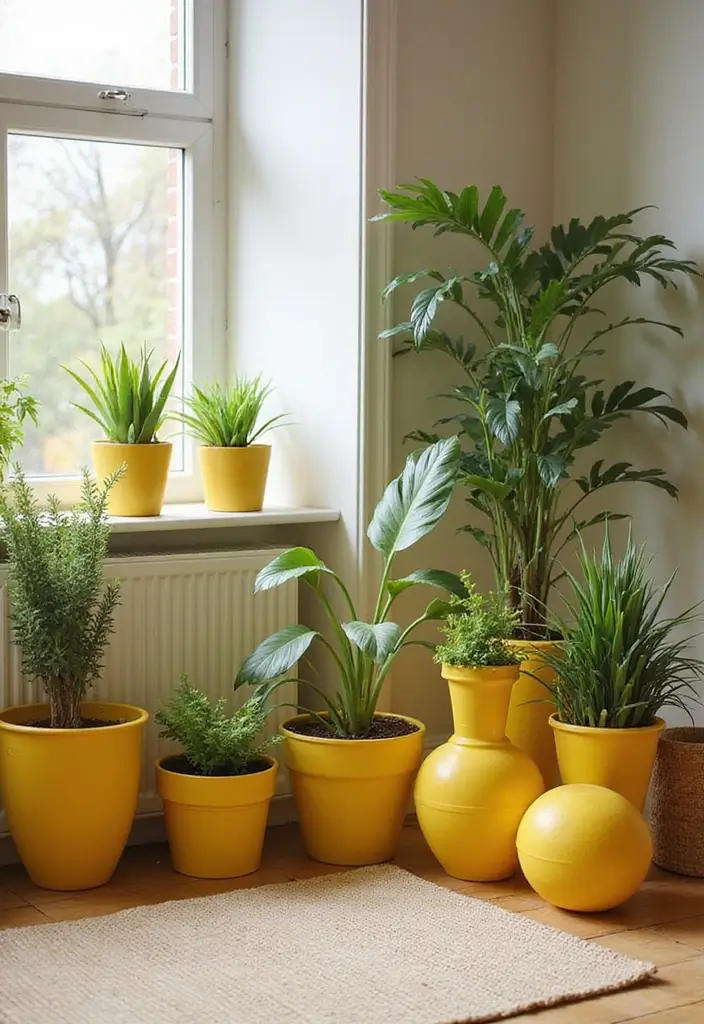 27 Living Rooms With Yellow Accents That Feel Bright and Cheerful - 14. Yellow Plant Pots