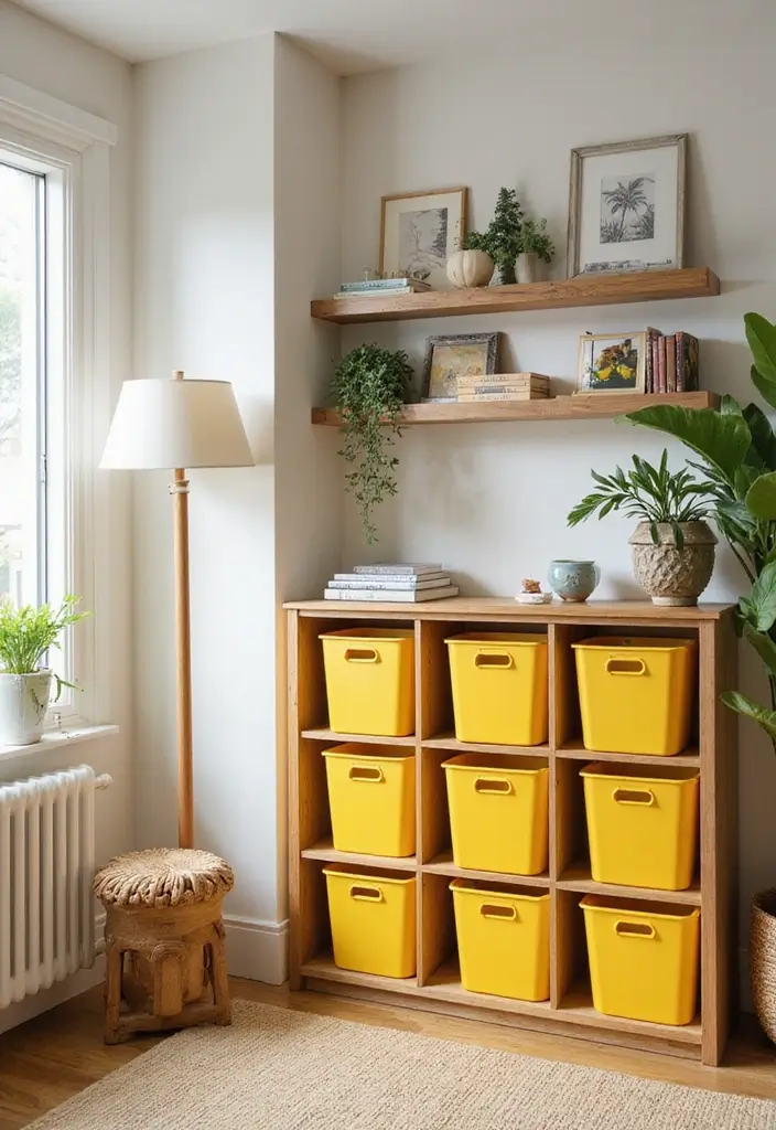 27 Living Rooms With Yellow Accents That Feel Bright and Cheerful - 16. Yellow Storage Solutions