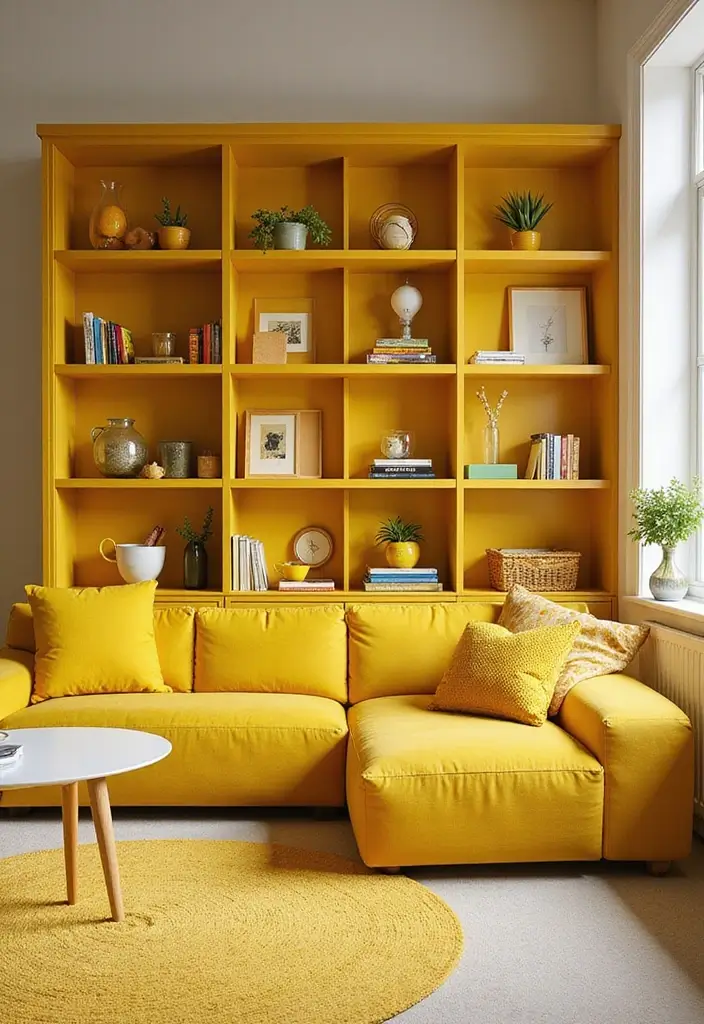 27 Living Rooms With Yellow Accents That Feel Bright and Cheerful - 18. Yellow Themed Bookcases
