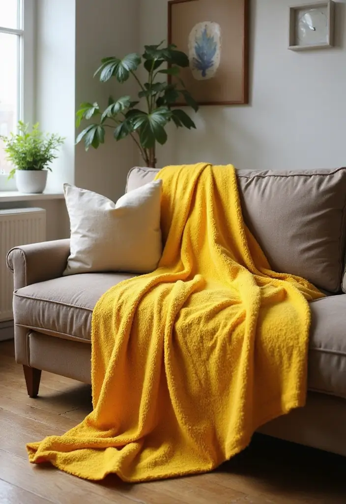 27 Living Rooms With Yellow Accents That Feel Bright and Cheerful - 19. Cheerful Yellow Throws