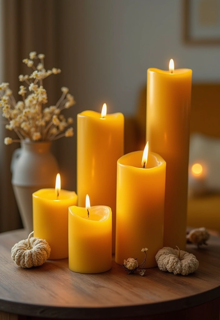 27 Living Rooms With Yellow Accents That Feel Bright and Cheerful - 20. Yellow Candle Holders