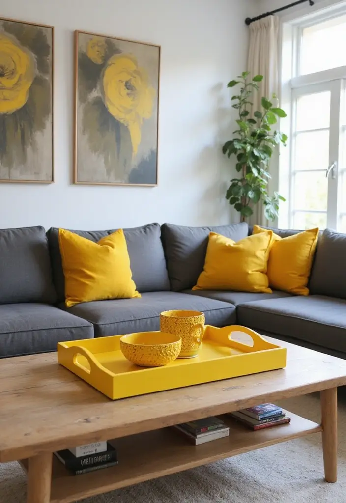 27 Living Rooms With Yellow Accents That Feel Bright and Cheerful - 21. Yellow Decorative Trays