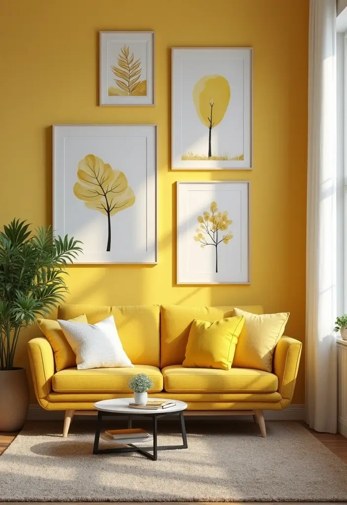 27 Living Rooms With Yellow Accents That Feel Bright and Cheerful - 22. Yellow Themed Accents in Art
