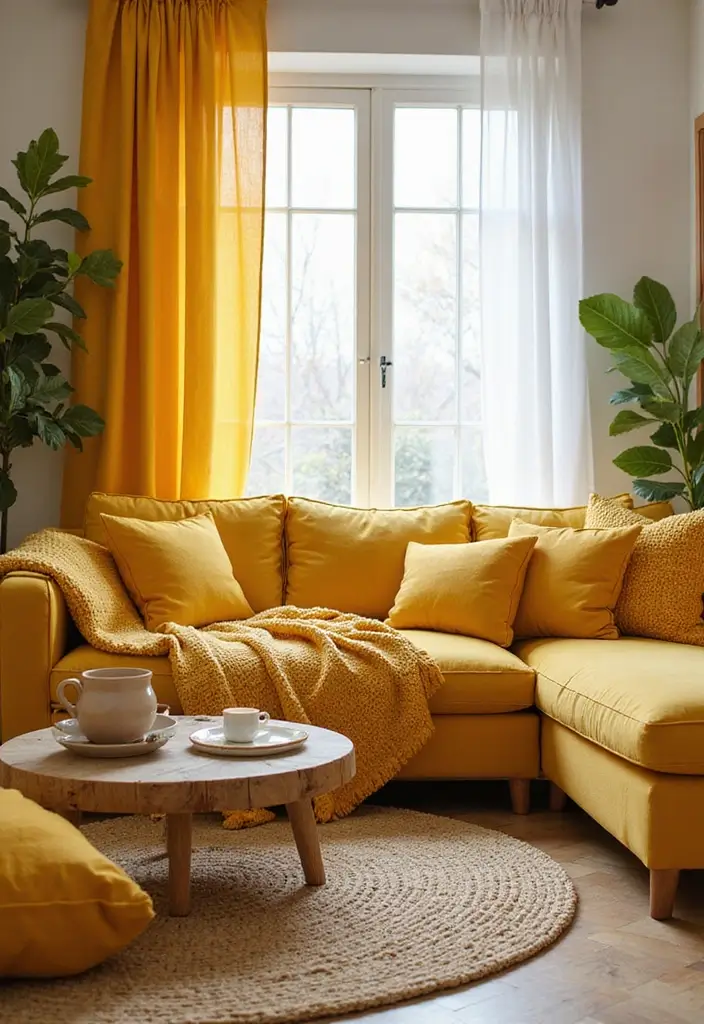 27 Living Rooms With Yellow Accents That Feel Bright and Cheerful - 24. Yellow Textiles