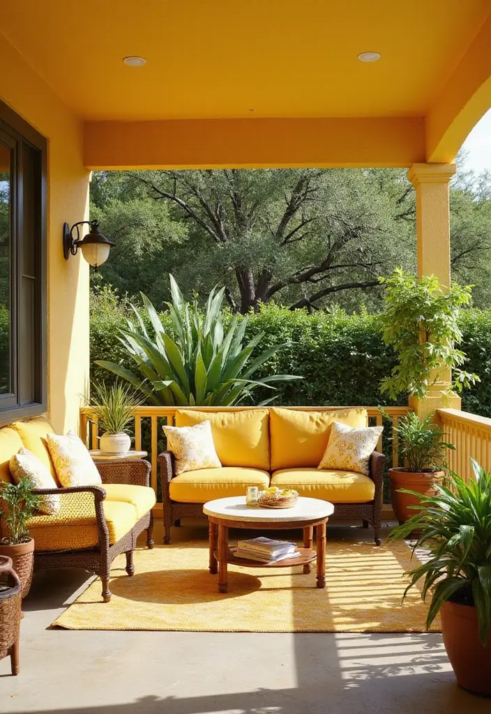 27 Living Rooms With Yellow Accents That Feel Bright and Cheerful - 26. Yellow Outdoor Living Inspiration