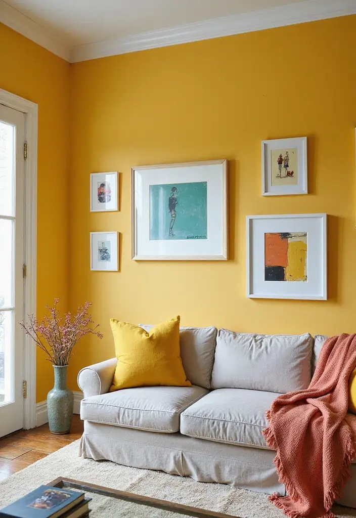 27 Living Rooms With Yellow Accents That Feel Bright and Cheerful - 3. Yellow Walls for a Bold Move