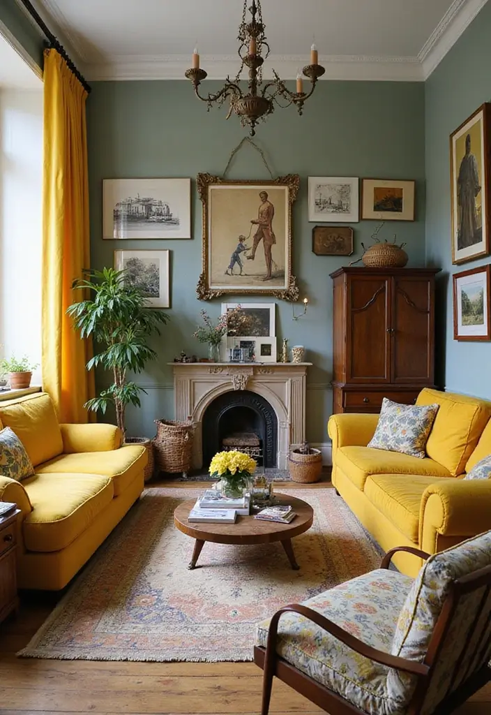 27 Living Rooms With Yellow Accents That Feel Bright and Cheerful - 4. Eclectic Decor with Yellow Accents